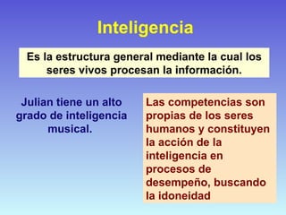 Inteligencia Es la estructura general mediante la cual los seres vivos procesan la información. Julian tiene un alto grado de inteligencia musical.   Las competencias son propias de los seres humanos y constituyen la acción de la inteligencia en procesos de desempeño, buscando la idoneidad  