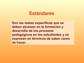 Son las metas específicas que se deben alcanzar en la formación y desarrollo de los procesos pedagógicos en los estudiantes y se expresan en términos de saber como de hacer. Estándares 