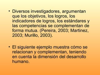Diversos investigadores, argumentan que los objetivos, los logros, los indicadores de logros, los estándares y las competencias se complementan de forma mutua. (Pereira, 2003; Martinez, 2003; Murillo, 2003). El siguiente ejemplo muestra cómo se relacionan y complementan, teniendo en cuenta la dimensión del desarrollo humano. 
