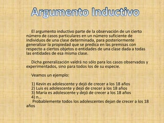 Argumento Inductivo           El argumento inductivo parte de la observación de un cierto número de casos particulares en un número suficiente de individuos de una clase determinada, para posteriormente generalizar la propiedad que se predica en las premisas con respecto a ciertos objetos o entidades de una clase dada a todas las entidades de esa misma clase.            Dicha generalización valdrá no sólo para los casos observados y experimentados, sino para todos los de su especie.           Veamos un ejemplo:           1) Kevin es adolescente y dejó de crecer a los 18 años     2) Luis es adolescente y dejó de crecer a los 18 años     3) María es adolescente y dejó de crecer a los 18 años     4) n…      Probablemente todos los adolescentes dejan de crecer a los 18 años
