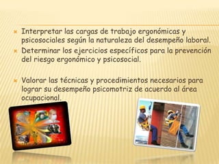 Realiza las actividades de aprendizaje, utilizando eficientemente la metodología, losrecursos y ambientes de aprendizaje. • Diagnóstica los riesgos ergonómicos y psicosociales de su desempeño laboral. Contribuye en el cuidado y uso de los elementos que integran su entorno formativo ylaboral.CRITERIO Y EVALUACION