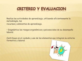 Diagnóstica los riesgos ergonómicos y psicosociales de su desempeño laboral. • Selecciona las técnicas de cultura física para prevenir riesgos ergonómicos ypsicosociales. • Implementa técnicas de cultura física para la prevención de riesgos ergonómicos yPsicosociales.• Aplica técnicas y procedimientos orientados al perfeccionamiento de lapsicomotricidad en su desempeño laboral.