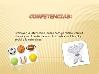 RESULTADOS DE APRENDIZAJE24020150007 -Generar hábitos saludables en su estilo de vida para garantizar la prevención de riesgos ocupacionales de acuerdo con el diagnóstico de su condición física individual y la naturaleza y complejidad de su Desempeño laboral.24020150008 -Aplicar técnicas de cultura física para el mejoramiento de su expresión corporal, desempeño laboral según la naturaleza y complejidad del área Ocupacional.