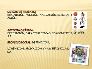 Rendimiento laboral: definición, aplicación, características, desarrollo,Requerimientos. Motricidad: definición,    clasificación, aplicación, teorías,    características, métodos, beneficios, desarrollo.Programas deportivos: definición, clasificación, aplicación, estrategias de desarrollo, objetivos, clases, requerimientos, ventajas y desventajas.