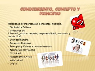 • Coherencia • Autonomía • Desarrollo Humano Integral• Trabajo en Equipo• Inteligencia Emocional• Conocimiento de sí mismo • Proyecto de Vida• Mejoramiento personal • Trabajo colaborativo • Concepto de Inteligencia Emocional• Concepto de Trabajo en Equipo• Normas y Leyes: Conceptos, características, tipos• Constitución Política de Colombia: Características y estructura del Estado, derechos y deberes de los ciudadanos. 