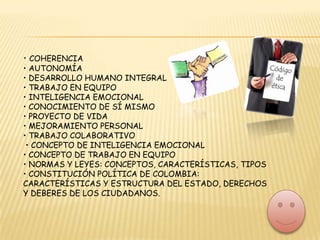 • Proyecto de Vida: concepto, propósito y     componentes. • Aprendizajes previos: Concepto, utilidad y   metodologías de identificación. • Procesos comunicativos,  racionales y argumentados • Comunicación Verbal  • Comunicación No Verbal Kinetésica • Comunicación No Verbal Proxémica • Comunicación No Verbal Paralingüística • Convivencia• Empatía • Desarrollo a Escala Humana• Desarrollo Humano Integral • Solución de conflictos  • Resolución de problemas 