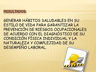 RESULTADOS:Generar hábitos saludables en su estilo de vida para garantizar la prevención de riesgos ocupacionales de acuerdo con el diagnóstico de su condición física individual y la naturaleza y complejidad de su desempeño laboral. 