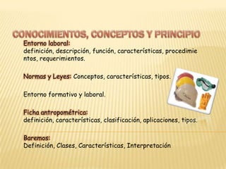 CONOCIMIENTOS, CONCEPTOS Y PRINCIPIOEntorno laboral: definición, descripción, función, características, procedimientos, requerimientos. Normas y Leyes: Conceptos, características, tipos.     Entorno formativo y laboral. Ficha antropométrica: definición, características, clasificación, aplicaciones, tipos. Baremos: Definición, Clases, Características, Interpretación