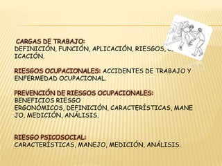  Cargas de trabajo: Definición, Función, Aplicación, Riesgos, Clasificación.Riesgos ocupacionales: accidentes de trabajo y enfermedad ocupacional. Prevención de riesgos ocupacionales:  Beneficios Riesgo ergonómicos, Definición, características, manejo, medición, análisis. Riesgo Psicosocial: Características, Manejo, Medición, Análisis.