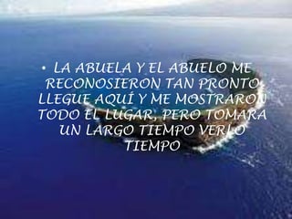 LA ABUELA Y EL ABUELO ME RECONOSIERON TAN PRONTO LLEGUE AQUÍ Y ME MOSTRARON TODO EL LUGAR, PERO TOMARA UN LARGO TIEMPO VERLO TIEMPO