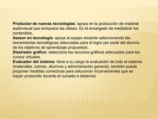 Productor de nuevas tecnologías: apoya en la producción de material audiovisual que enriquece las clases. Es el encargado de mediatizar los contenidos.Asesor en tecnología: apoya al equipo docente seleccionando las herramientas tecnológicas adecuadas para el logro por parte del alumno de los objetivos de aprendizaje propuestos.Diseñador gráfico: selecciona los recursos gráficos adecuados para los cursos virtuales.Evaluador del sistema: tiene a su cargo la evaluación de todo el sistema (materiales, tutores, alumnos y administración general), también puede proponer medidas correctivas para solucionar inconvenientes que se hayan producido durante el cursado a distancia