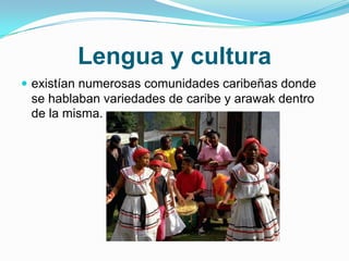 Lengua y culturaexistían numerosas comunidades caribeñas donde se hablaban variedades de caribe y arawak dentro de la misma.