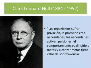 Clark Leonard Hull (1884 - 1952) “Los organismos sufren privación, la privación crea necesidades, las necesidades activan pulsiones; el comportamiento es dirigido a metas y alcanzar metas tiene valor de sobrevivencia”. 