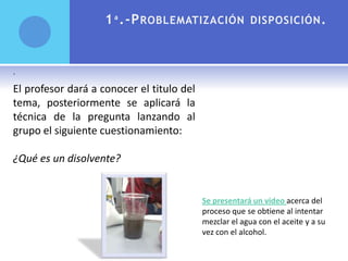 1 ª .-P ROBLEMATIZACIÓN DISPOSICIÓN .


.

El profesor dará a conocer el titulo del
tema, posteriormente se aplicará la
técnica de la pregunta lanzando al
grupo el siguiente cuestionamiento:

¿Qué es un disolvente?


                                           Se presentará un video acerca del
                                           proceso que se obtiene al intentar
                                           mezclar el agua con el aceite y a su
                                           vez con el alcohol.
 