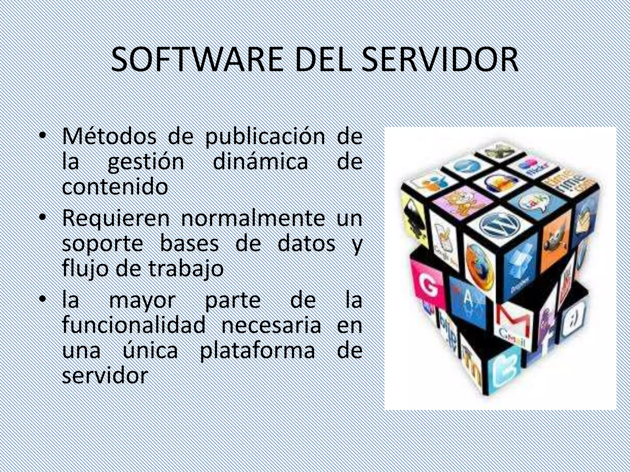 SOFTWARE DEL SERVIDOR
• Métodos de publicación de
  la gestión dinámica de
  contenido
• Requieren normalmente un
  soporte bases de datos y
  flujo de trabajo
• la mayor parte de la
  funcionalidad necesaria en
  una única plataforma de
  servidor
 