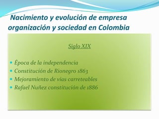 Nacimiento y evolución de empresa
organización y sociedad en Colombia

                       Siglo XIX

 Época de la independencia
 Constitución de Rionegro 1863
 Mejoramiento de vías carreteables
 Rafael Nuñez constitución de 1886
 
