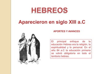 Aparecieron en siglo XIII a.C
               APORTES Y AVANCES



              El principal enfoque de la
              educación Hebrea era la religión, la
              espiritualidad y lo personal. En el
              año 84 a.C la educación primeria
              se volvió obligatoria en todo el
              territorio hebreo.
 