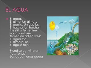  El agua,
El alma, Un alma...
El aguila, Un aguila...
El hacha, Un hacha
It is still a femenine
noun, and use
femenine adjectives:
El agua fria.
El alma pura.
El aguila rojo.
Plural se convirte en
"las', "unas"
Las aguas, unas aguas
