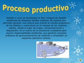 Diseñar a nivel de factibilidad el Plan Integral de Gestión
   Ambiental de Residuos Sólidos Urbanos, de manera que
permitan generar una cultura que oriente al cambio progresivo
  de los hábitos y costumbres en el manejo de los residuos
      sólidos, desde el lugar de origen, almacenamiento y
   disposición; en el marco de la conciencia ciudadana para
   asumir responsabilidad ambiental, que generen procesos
  prácticos de aprovechamiento de material y consoliden un
                  esquema operativo exitoso.
 