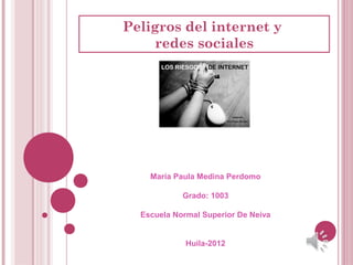 Peligros del internet y
    redes sociales




    María Paula Medina Perdomo

            Grado: 1003

  Escuela Normal Superior De Neiva


             Huila-2012
 