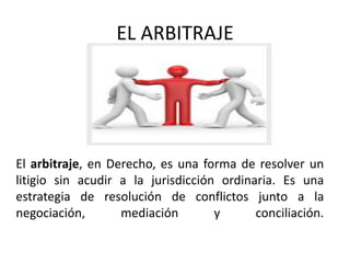 EL ARBITRAJE




El arbitraje, en Derecho, es una forma de resolver un
litigio sin acudir a la jurisdicción ordinaria. Es una
estrategia de resolución de conflictos junto a la
negociación,       mediación        y      conciliación.
 