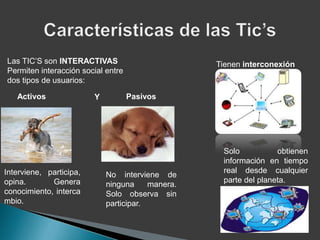 Las TIC’S son INTERACTIVAS                         Tienen interconexión
Permiten interacción social entre
dos tipos de usuarios:

   Activos               Y          Pasivos




                                                    Solo           obtienen
                                                    información en tiempo
Interviene, participa,                              real desde cualquier
                             No interviene de
opina.       Genera                                 parte del planeta.
                             ninguna     manera.
conocimiento, interca        Solo observa sin
mbio.                        participar.
 