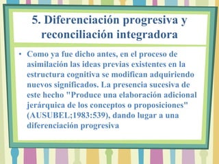 5. Diferenciación progresiva y
     reconciliación integradora
• Como ya fue dicho antes, en el proceso de
  asimilación las ideas previas existentes en la
  estructura cognitiva se modifican adquiriendo
  nuevos significados. La presencia sucesiva de
  este hecho "Produce una elaboración adicional
  jerárquica de los conceptos o proposiciones"
  (AUSUBEL;1983:539), dando lugar a una
  diferenciación progresiva
 