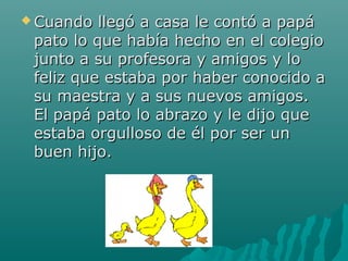  Cuando  llegó a casa le contó a papá
 pato lo que había hecho en el colegio
 junto a su profesora y amigos y lo
 feliz que estaba por haber conocido a
 su maestra y a sus nuevos amigos.
 El papá pato lo abrazo y le dijo que
 estaba orgulloso de él por ser un
 buen hijo.
 