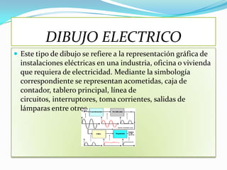 DIBUJO ELECTRICO
 Este tipo de dibujo se refiere a la representación gráfica de
  instalaciones eléctricas en una industria, oficina o vivienda
  que requiera de electricidad. Mediante la simbología
  correspondiente se representan acometidas, caja de
  contador, tablero principal, línea de
  circuitos, interruptores, toma corrientes, salidas de
  lámparas entre otros.
 