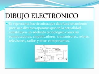 DIBUJO ELECTRONICO
 Se representa los circuitos que dan funcionamiento
 preciso a diversos aparatos que en la actualidad
 constituyen un adelanto tecnológico como las
 computadoras, amplificadores, transmisores, relojes,
 televisores, radios y otros componentes.
 