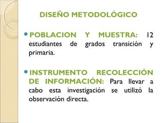 DISEÑO METODOLÓGICO

POBLACION         Y MUESTRA: 12
estudiantes   de   grados transición y
primaria.

INSTRUMENTO         RECOLECCIÓN
DE INFORMACIÓN: Para llevar a
cabo esta investigación se utilizó la
observación directa.
 