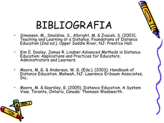 BIBLIOGRAFIA Simonson, M., Smaldino, S., Albright, M. & Zvacek, S. (2003). Teaching and Learning at a Distance. Foundations of Distance Education (2nd ed.). Upper Saddle River, NJ: Prentice Hall. Kim E. Dooley, James R. Lindner.Advanced Methods in Distance Education: Applications and Practices for Educators, Administrators and Learners.  Moore, M. G. & Anderson, W. G. (Eds.). (2003). Handbook of Distance Education. Mahwah, NJ: Lawrence Eribaum Associates, Inc. Moore, M. & Kearsley, G. (2005). Distance Education. A System View. Toronto, Ontario, Canada: Thomson Wadsworth. 