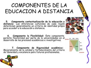 5.  Componente contextualización de la educación a distancia:  Las diferencias culturales de cada región determinan generalmente un criterio de identidad propio para acceder a la educación a distancia. 6.  Componente la Flexibilidad:  Este componente permite flexibilidad por parte de la universidades en el desarrollo de los procesos académicos e investigativos. 7. Componente de Rigurosidad académica:  Mejoramiento de la calidad y fortalecimiento del criterio de idoneidad y excelencia para futuros profesionales. COMPONENTES DE LA EDUCACION A DISTANCIA 