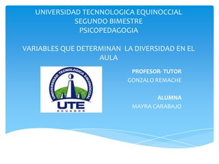 UNIVERSIDAD TECNNOLOGICA EQUINOCCIAL
             SEGUNDO BIMESTRE
              PSICOPEDAGOGIA

VARIABLES QUE DETERMINAN LA DIVERSIDAD EN EL
                   AULA
                           PROFESOR- TUTOR
                          GONZALO REMACHE

                                  ALUMNA
                           MAYRA CARABAJO
 