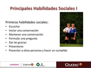 Principales Habilidades Sociales I

Primeras habilidades sociales:
•   Escuchar
•   Iniciar una conversación
•   Mantener una conversación
•   Formular una pregunta
•   Dar las gracias
•   Presentarse
•   Presentar a otras personas y hacer un cumplido
 