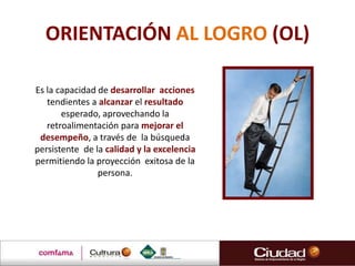 ORIENTACIÓN AL LOGRO (OL)

Es la capacidad de desarrollar acciones
   tendientes a alcanzar el resultado
       esperado, aprovechando la
   retroalimentación para mejorar el
 desempeño, a través de la búsqueda
persistente de la calidad y la excelencia
permitiendo la proyección exitosa de la
                persona.
 