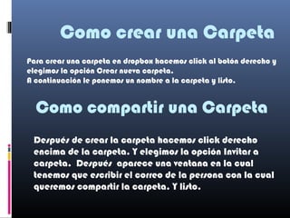 Como crear una Carpeta
Para crear una carpeta en dropbox hacemos click al botón derecho y
elegimos la opción Crear nueva carpeta.
A continuación le ponemos un nombre a la carpeta y listo.


  Como compartir una Carpeta
 Después de crear la carpeta hacemos click derecho
 encima de la carpeta. Y elegimos la opción Invitar a
 carpeta. Después aparece una ventana en la cual
 tenemos que escribir el correo de la persona con la cual
 queremos compartir la carpeta. Y listo.
 