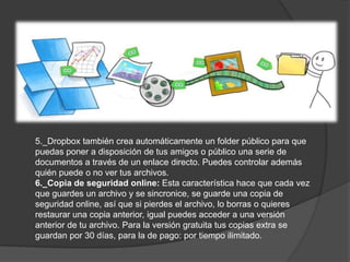 5._Dropbox también crea automáticamente un folder público para que
puedas poner a disposición de tus amigos o público una serie de
documentos a través de un enlace directo. Puedes controlar además
quién puede o no ver tus archivos.
6._Copia de seguridad online: Esta característica hace que cada vez
que guardes un archivo y se sincronice, se guarde una copia de
seguridad online, así que si pierdes el archivo, lo borras o quieres
restaurar una copia anterior, igual puedes acceder a una versión
anterior de tu archivo. Para la versión gratuita tus copias extra se
guardan por 30 días, para la de pago: por tiempo ilimitado.
 
