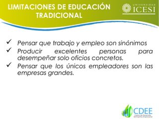  Pensar que trabajo y empleo son sinónimos
 Producir excelentes personas para
desempeñar solo oficios concretos.
 Pensar que los únicos empleadores son las
empresas grandes.
LIMITACIONES DE EDUCACIÓN
TRADICIONAL
 
