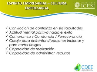  Convicción de confianza en sus facultades.
 Actitud mental positiva hacia el éxito
 Compromiso / Constancia / Perseverancia
 Coraje para enfrentar situaciones inciertas y
para correr riesgos
 Capacidad de realización
 Capacidad de administrar recursos
ESPIRITU EMPRESARIAL – CULTURAESPIRITU EMPRESARIAL – CULTURA
EMPRESARIALEMPRESARIAL
 