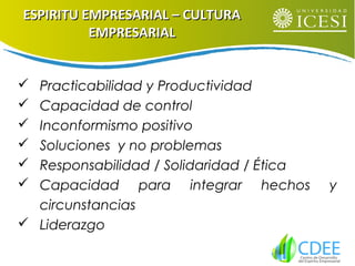  Practicabilidad y Productividad
 Capacidad de control
 Inconformismo positivo
 Soluciones y no problemas
 Responsabilidad / Solidaridad / Ética
 Capacidad para integrar hechos y
circunstancias
 Liderazgo
ESPIRITU EMPRESARIAL – CULTURAESPIRITU EMPRESARIAL – CULTURA
EMPRESARIALEMPRESARIAL
 