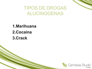 TIPOS DE DROGAS
ALUCINOGENAS
1.Marihuana
2.Cocaina
3.Crack
 