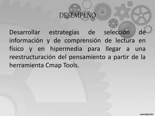 DESEMPEÑO
Desarrollar estrategias de selección de
información y de comprensión de lectura en
físico y en hipermedia para llegar a una
reestructuración del pensamiento a partir de la
herramienta Cmap Tools.
 