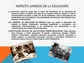ASPECTO JURIDICO DE LA EDUCACIÓN
La educación mexicana surge bajo el signo del liberalismo, en su dimensión de
proyecto jurídico y político, así como de su realidad histórica; implicó no solo el
reconocimiento de todos y cada uno de los habitantes, sino la búsqueda de las
condiciones que respondieran a las necesidades de formación del contexto local,
nacional e internacional.
LEY GENERAL DE EDUCACION EN MEXICO: Esta Ley regula la educación que
imparte el Estado -Federación, entidades federativas y municipios-, sus
organismos descentralizados y los particulares con autorización o con
reconocimiento de validez oficial de estudios.
CONSTITUCION POLITICA DE LOS ESTADOS UNIDOS MEXICANOS: Todo individuo
tiene derecho a recibir educación. El Estado –Federación, Estados, Distrito
Federal y Municipios–, impartirá educación preescolar, primaria, secundaria y
media superior. La educación preescolar, primaria y secundaria conforman la
educación básica; ésta y la media superior serán obligatorias.
 