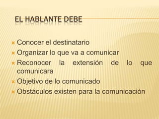 EL HABLANTE DEBE
 Conocer el destinatario
 Organizar lo que va a comunicar
 Reconocer la extensión de lo que
comunicara
 Objetivo de lo comunicado
 Obstáculos existen para la comunicación
 