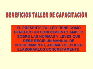 EL PRESENTE TALLER TIENE COMO
BENEFICO UN CONOCIMIENTO AMPLIO
SOBRE LAS NORMAS Y LEYES QUE
DEBE REGIR UN MANUAL DE
PROCEDIMIENTO, ADEMAS DE PODER
ELABORARLOS CONCRETAMENTE

 