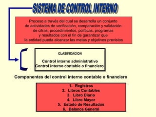 Proceso a través del cual se desarrolla un conjunto
de actividades de verificación, comparación y validación
de cifras, procedimientos, políticas, programas
y resultados con el fin de garantizar que
la entidad pueda alcanzar las metas y objetivos previstos
CLASIFICACION

Control interno administrativo
Control interno contable o financiero

Componentes del control interno contable o financiero
1. Registros
2. Libros Contables
3. Libro Diario
4. Libro Mayor
5. Estado de Resultados
6. Balance General

 