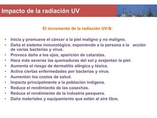 Impacto de la radiación UV
El incremento de la radiación UV-B:
•
•

•
•
•
•
•
•
•
•
•

Inicia y promueve el cáncer a la piel maligno y no maligno.
Daña el sistema inmunológico, exponiendo a la persona a la acción
de varias bacterias y virus.
Provoca daño a los ojos, aparición de cataratas.
Hace más severas las quemaduras del sol y avejentan la piel.
Aumenta el riesgo de dermatitis alérgica y tóxica.
Activa ciertas enfermedades por bacterias y virus.
Aumentan los costos de salud.
Impacta principalmente a la población indígena.
Reduce el rendimiento de las cosechas.
Reduce el rendimiento de la industria pesquera.
Daña materiales y equipamiento que están al aire libre.

 