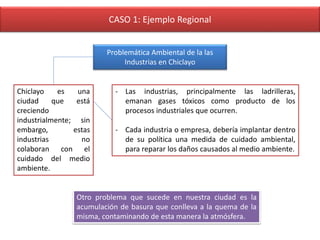 CASO 1: Ejemplo Regional
Problemática Ambiental de la las
Industrias en Chiclayo

Chiclayo
es
una
ciudad
que
está
creciendo
industrialmente; sin
embargo,
estas
industrias
no
colaboran con el
cuidado del medio
ambiente.

- Las industrias, principalmente las ladrilleras,
emanan gases tóxicos como producto de los
procesos industriales que ocurren.
- Cada industria o empresa, debería implantar dentro
de su política una medida de cuidado ambiental,
para reparar los daños causados al medio ambiente.

Otro problema que sucede en nuestra ciudad es la
acumulación de basura que conlleva a la quema de la
misma, contaminando de esta manera la atmósfera.

 