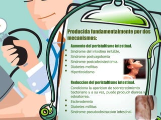 Producida fundamentalmente por dos
mecanismos:

•
•
•
•
•

Aumento del peristaltismo intestinal.
Sindrome del intestino irritable.
Sindrome postvagotomia
Sindrome postcolecistectomia.
Diabetes mellitus
Hipertiroidismo

Reduccion del peristaltismo intestinal.

•
•
•

Condiciona la aparicion de sobrecrecimiento
bacteriano y a su vez, puede producir diarrea y
esteatorrea.
Esclerodermia
Diabetes millitus
Sindrome pseudoobstruccion intestinal.

 